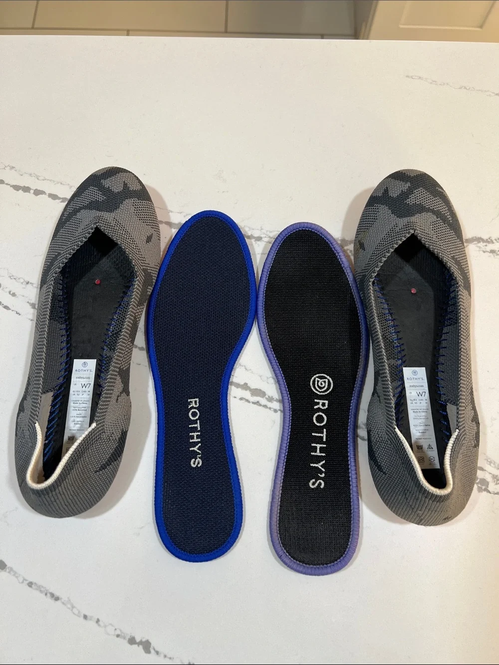 Rothy's Gray Camouflage Slip-On Ballet Flats with Red Sole size 7